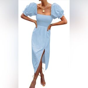 Puff Sleeve Off-The-Shoulder Midi Smock Dress with Slit